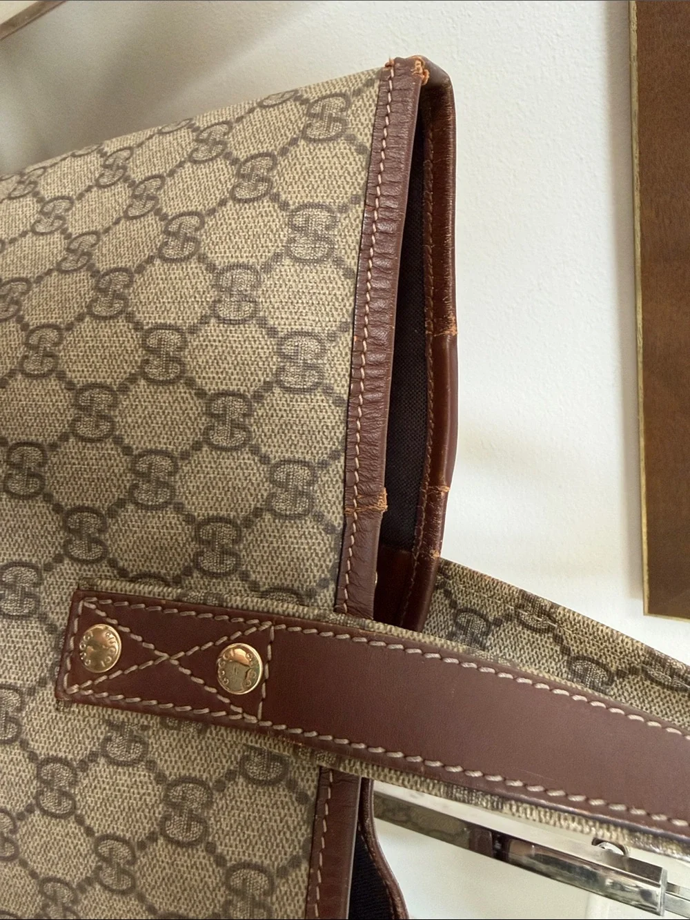 Gucci Beige/Brown GG Canvas Tote with Brown Leather Handles and Green/Red Web